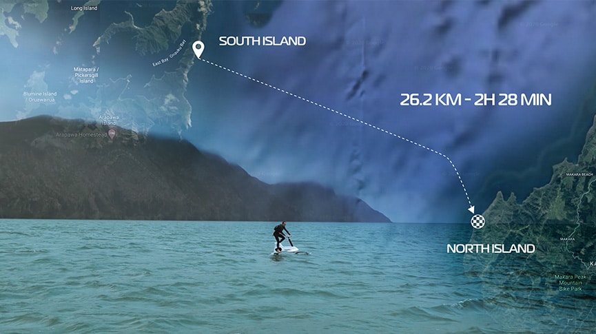 Man on the distance riding a Hydrofoiler XE-1 on the ocean with an overlaid map showing its trajectory from South to North Island in New Zealand